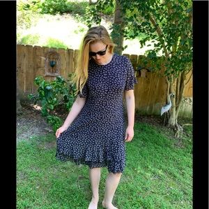 Vintage Short Sleeved Navy Dress with Flowers